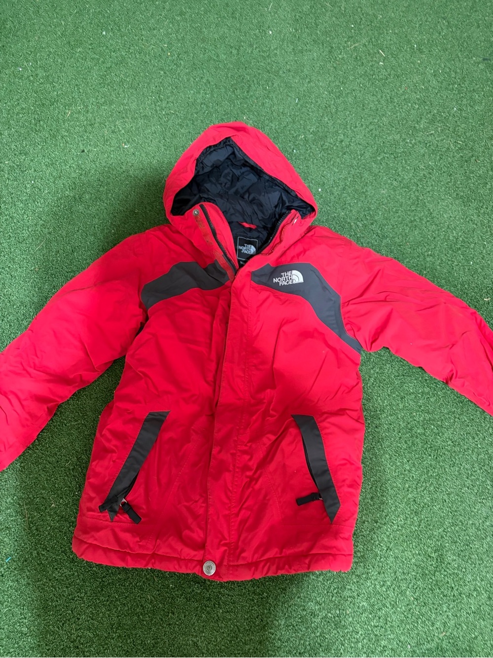 The North Face Kids Red Hooded Puffer Jacket with Black Accents